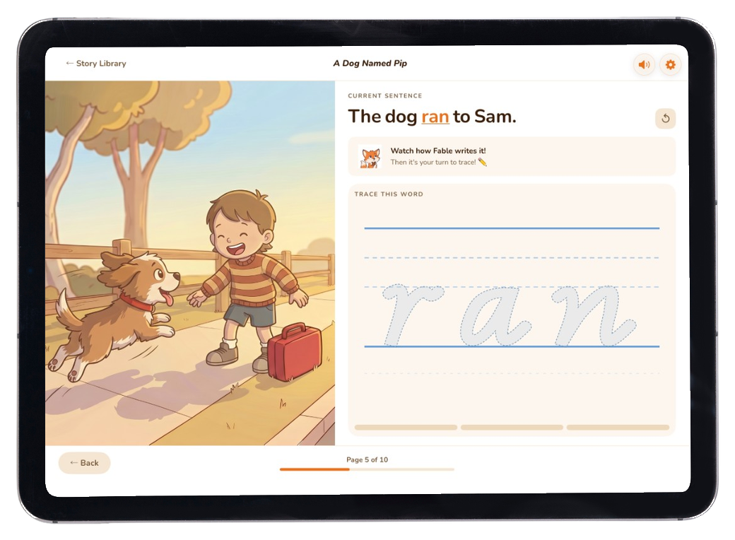 Tracer Tales on iPad — page 5 of A Dog Named Pip, tracing the word 'ran' to unlock the next page