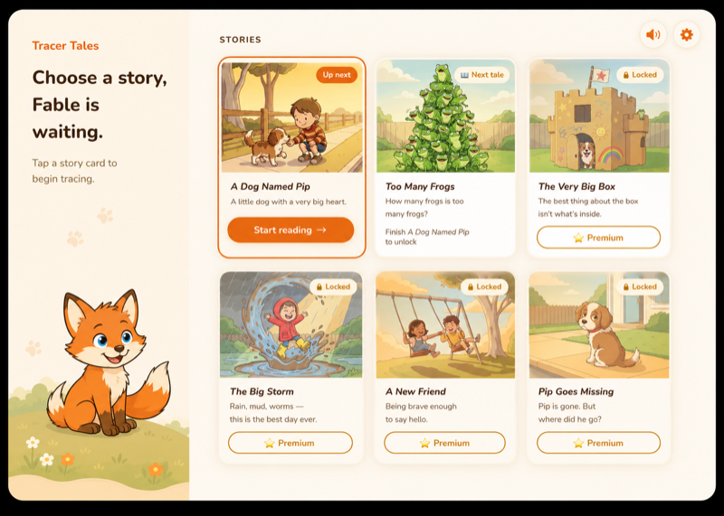 Story library screen showing book covers